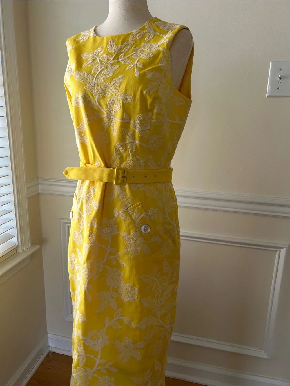 Brooks Brothers Yellow and Cream Floral Belted Midi Dress - Picture 1 of 6